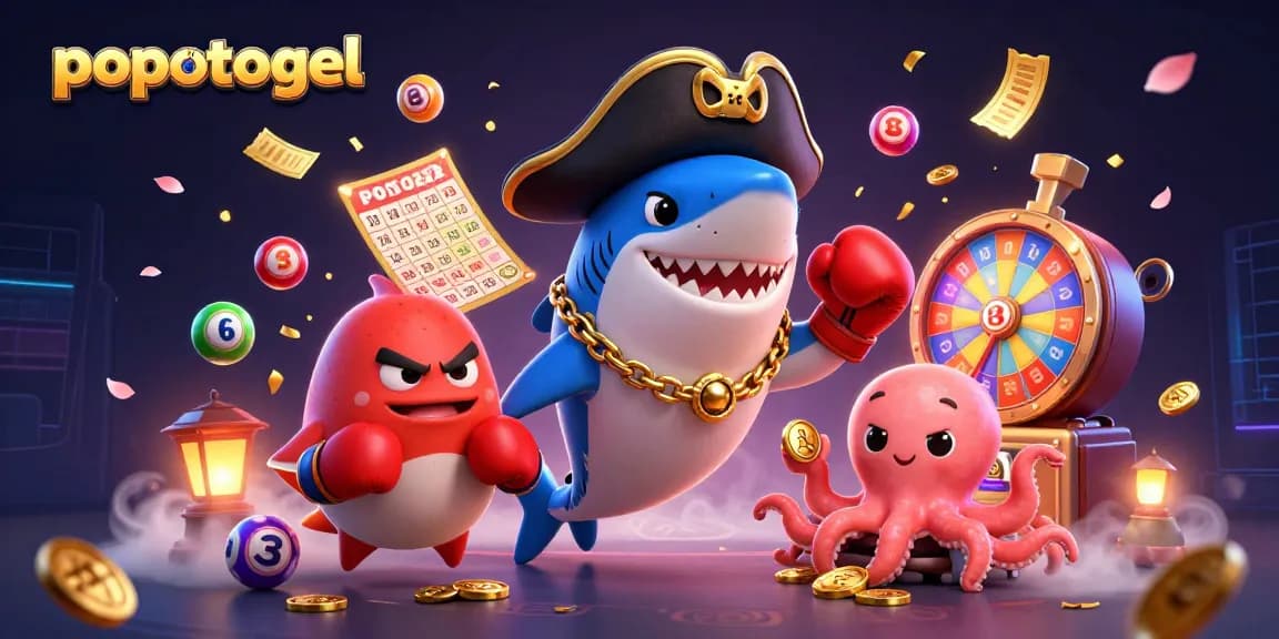 Experience popotogel with an exciting illustration of a pirate shark, pufferfish, and octopus amidst vibrant game elements.