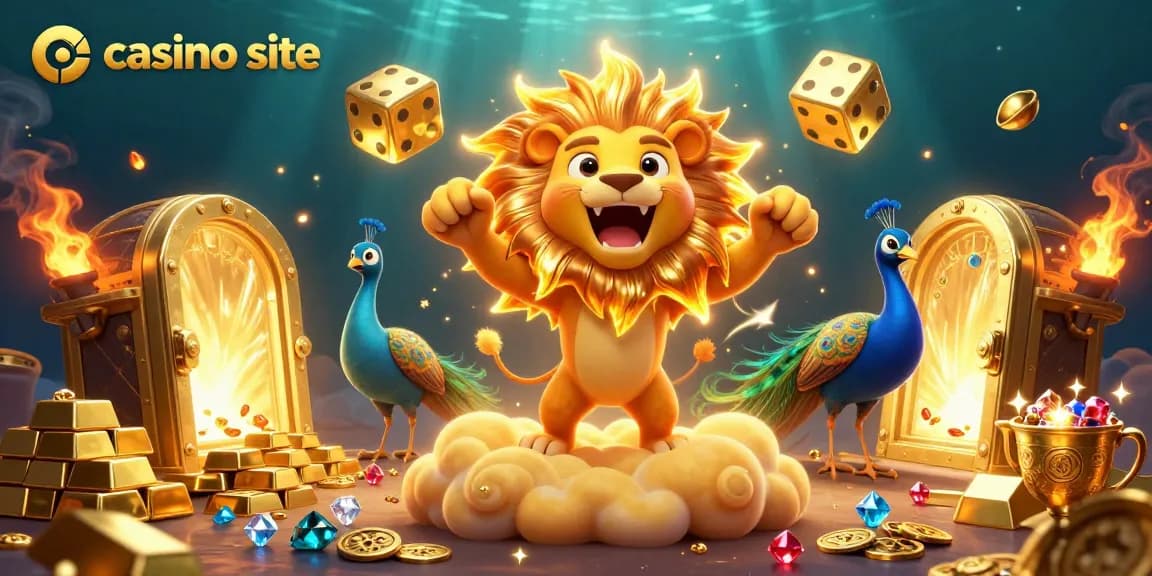 Engage with top-rated casino sites featuring a vibrant cartoon sun lion and golden treasures.