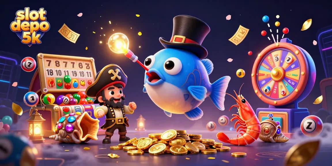 Win big at slot depo 5k with glowing treasures, lucky slot reels, and vibrant game elements
