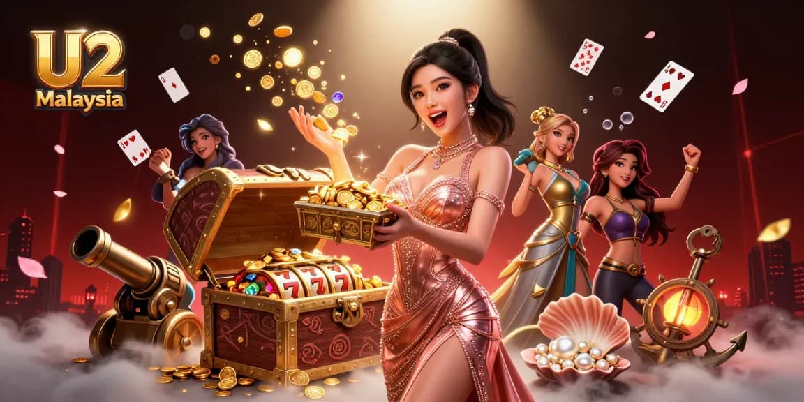 Experience winning with U2 Malaysia's lively slots and vibrant gameplay features amidst a treasure-themed illustration.