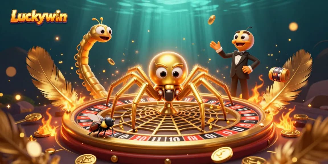 Luckywin showcases thrilling gameplay with a 3D golden spider spinning a roulette web, engaging bettors in a dynamic casino scene.