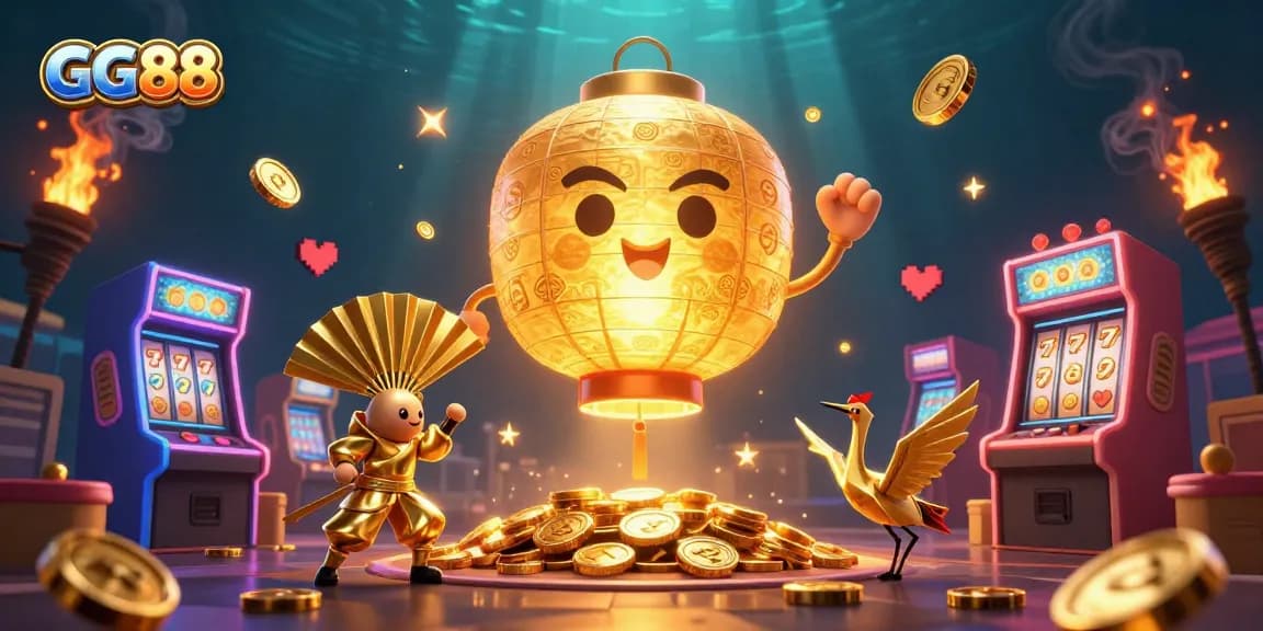 Experience the vibrant GG88 casino scene with a golden lantern spirit and interactive game elements.