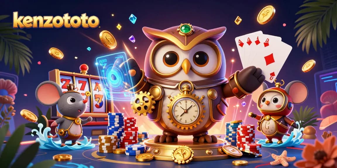 Join the fun at kenzototo with a vibrant casino scene featuring an owl and a mouse surrounded by slot reels.
