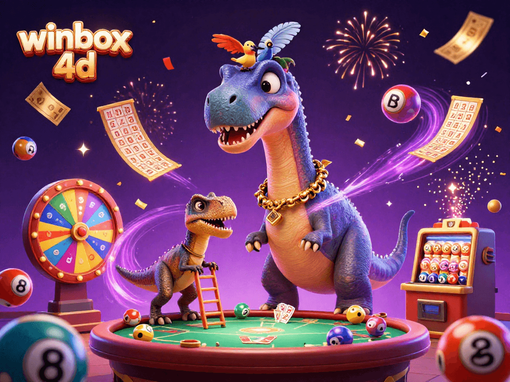 Experience winbox 4d thrills as a dinosaur hosts a vibrant casino scene filled with excitement.