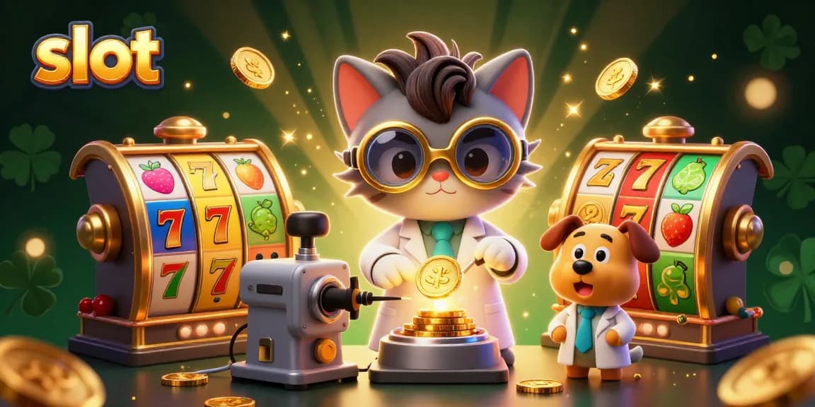 Engage with thrilling slot action as a mad scientist cat and dog create coins in a dynamic casino lab