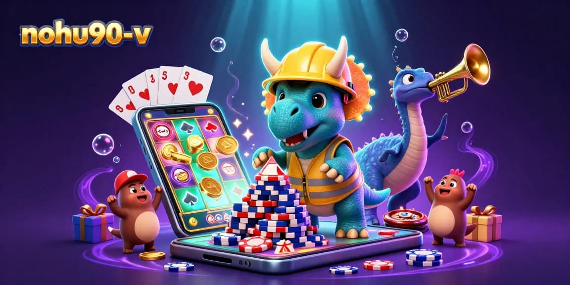 Noh90-v showcases a vibrant casino scene with festive characters building poker chip pyramids amidst colorful casino games.