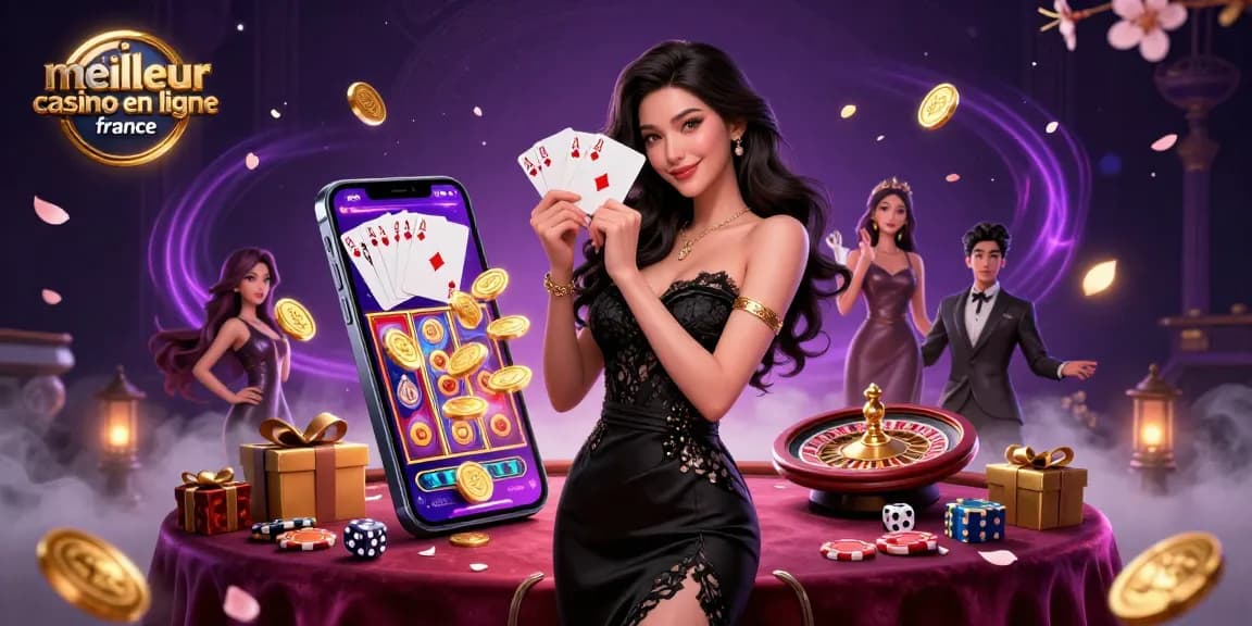 Découvrez l'excitation du meilleur casino en ligne France avec une scène de casino glamour mettant en vedette une femme éblouissante et des éléments de jeu vibrants.