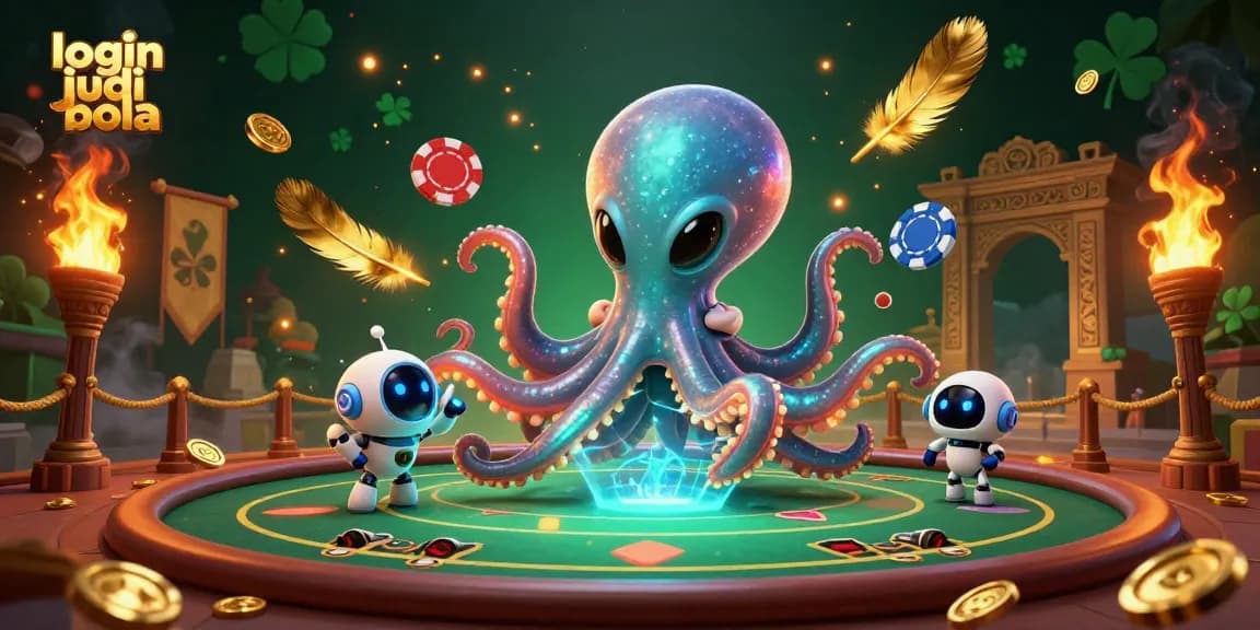 Engage with login judi bola in a vibrant cosmic casino scene featuring an alien octopus at a holographic table.