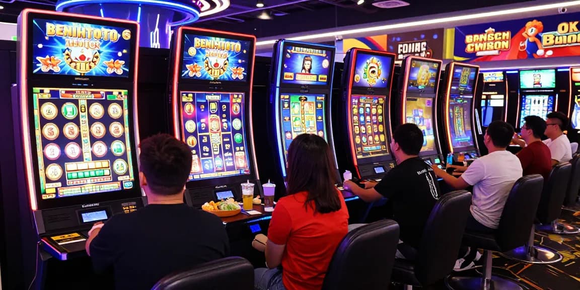 Benihtoto gaming scene showcasing exciting players around slot games with vibrant digital effects and social atmosphere
