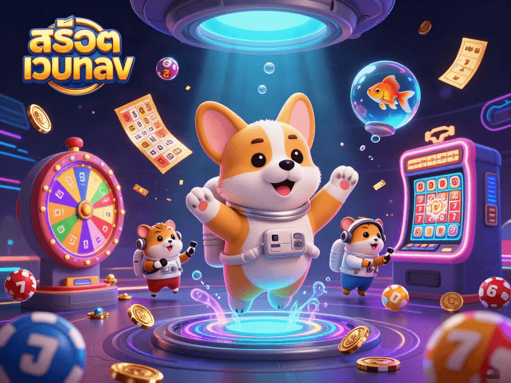 Experience thrilling slots action at สล็อตเว็บตรง in this vibrant casino space scene with playful characters.