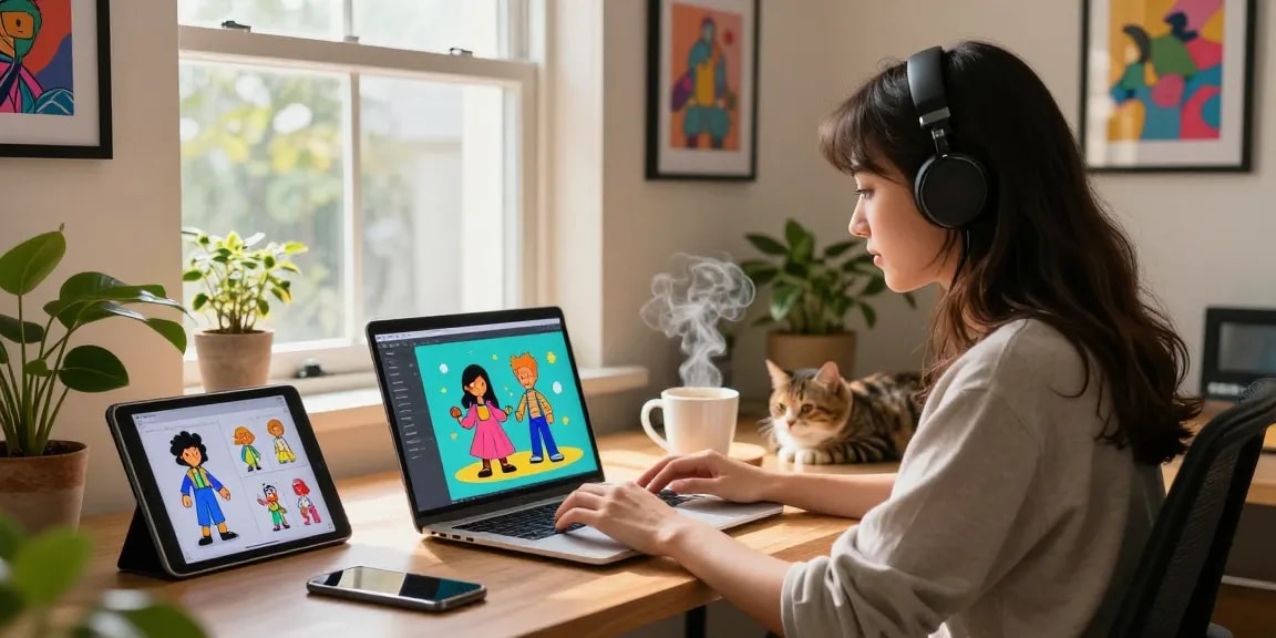 Engaging home office scene with crushon ia AI chat interaction on laptop, colorful animated characters, creative workspace.