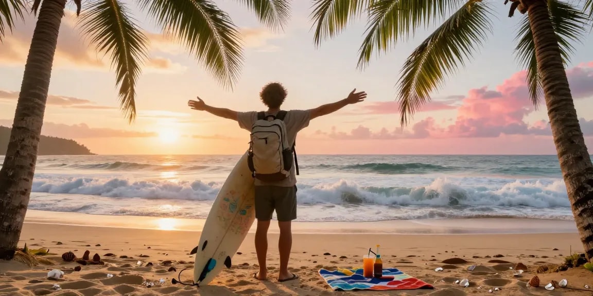 Pemandangan pantai di https://miami4d.com/ saat matahari terbit, wisatawan merentangkan tangan menikmati angin laut.
