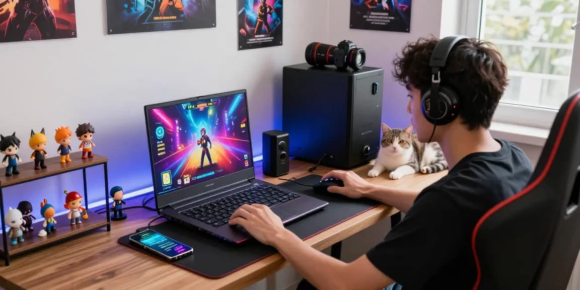 Engaged gamer playing mind control porn game on laptop with vibrant graphics in a cozy gaming room