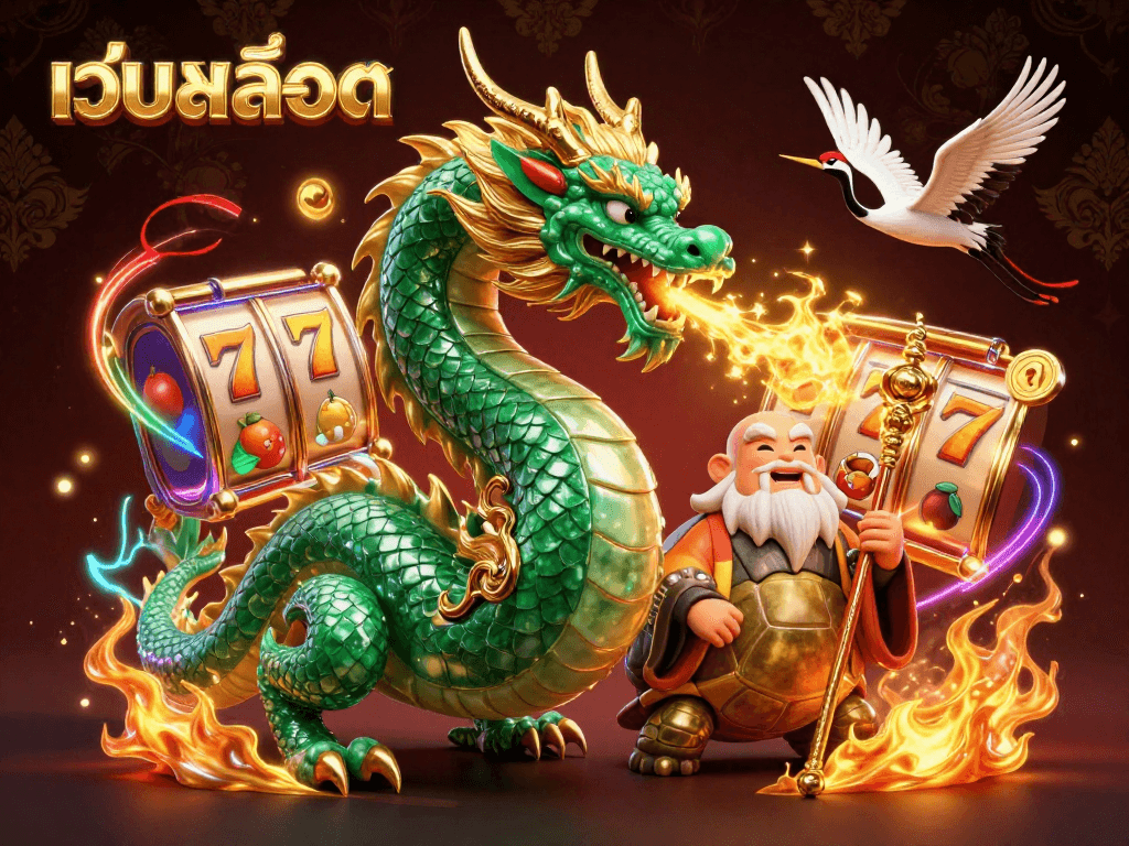 Experience thrilling เว็บสล็อต action with vibrant dragons, turtles, and lucky cranes in dynamic casino art.