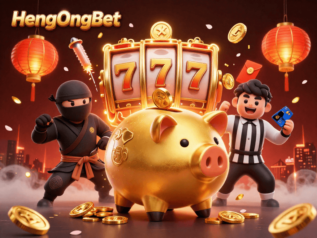 Engage with HengOngBet's dynamic casino scene featuring a lively golden piggy bank sumo wrestler.