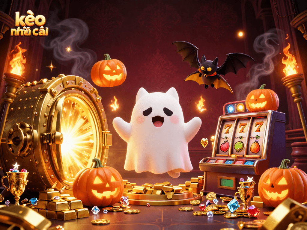 Experience the thrill of kèo nhà cái with a vibrant ghost cat and jackpot symbols in a haunted casino.