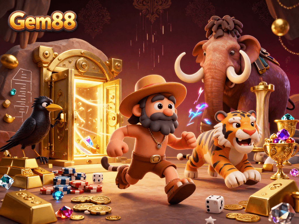 Experience Gem88's dynamic prehistoric casino with ancient treasure and vibrant characters.