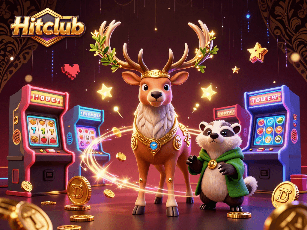 Hitclub illuminates a vibrant casino scene featuring a Celtic druid stag, a badger, and dynamic slot game elements.
