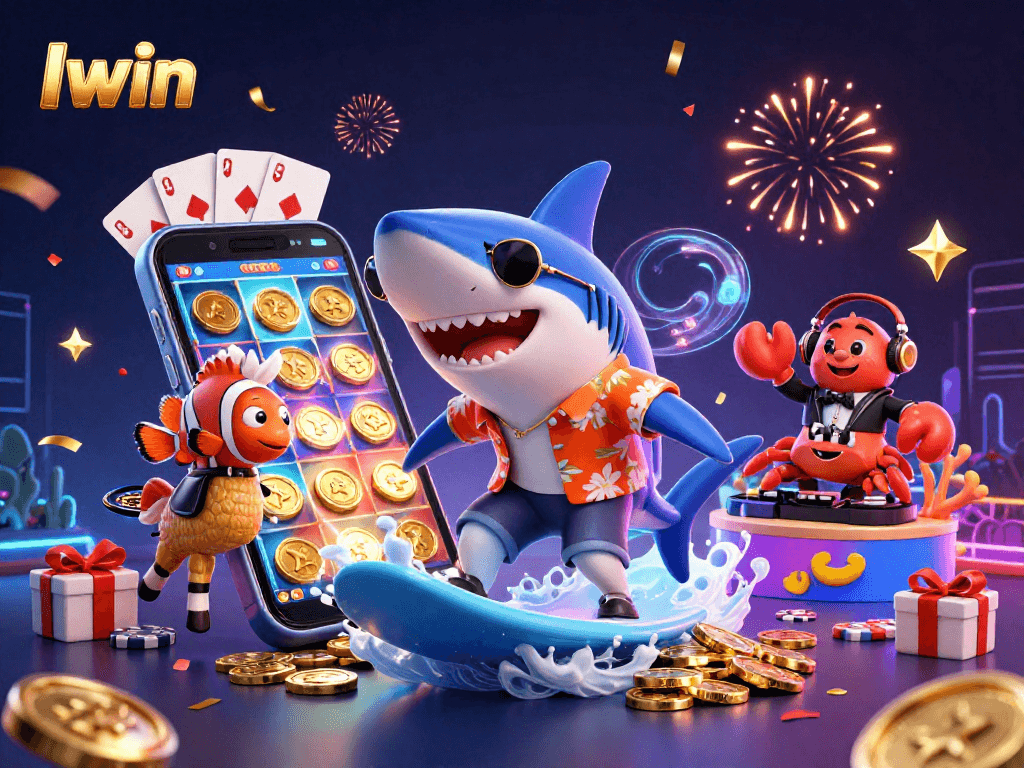 Iwin members playing exciting slot games on a 3D smartphone, surrounded by coins and festive characters.