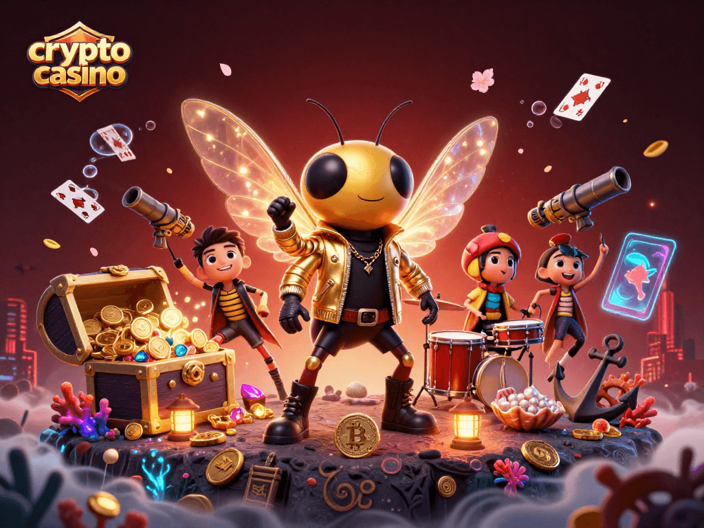 Experience the excitement of a crypto casino with vibrant characters and dynamic gaming elements.