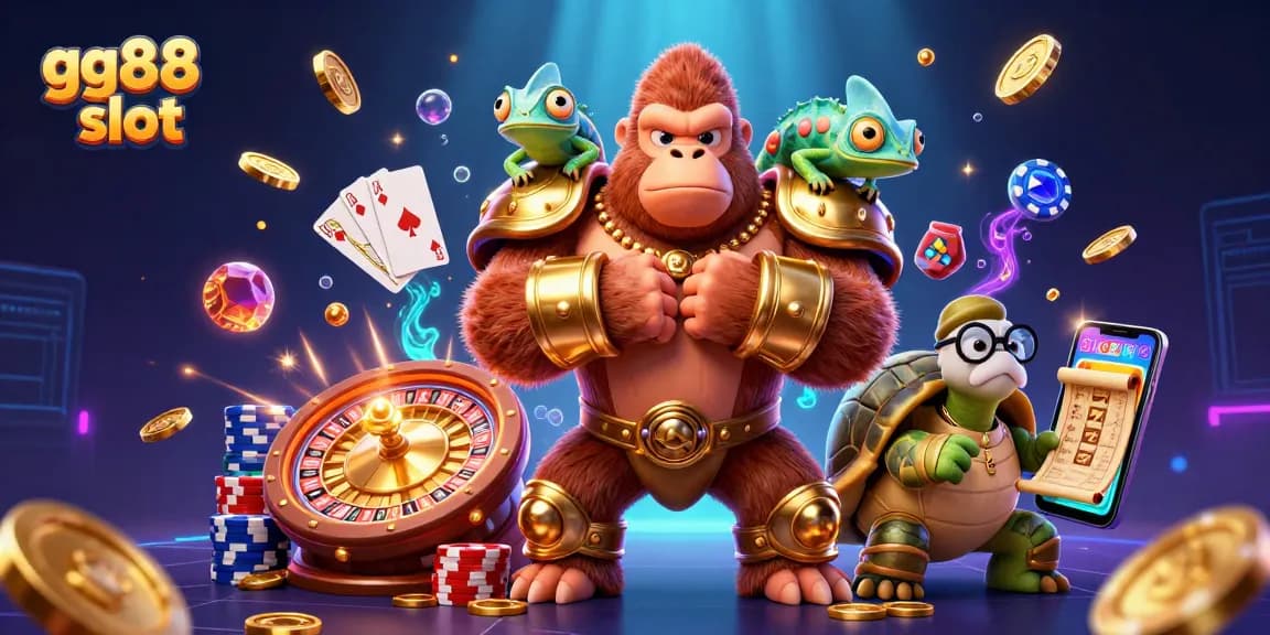 Win at gg88 slot with epic characters and vibrant casino elements in a dynamic 3D scene.