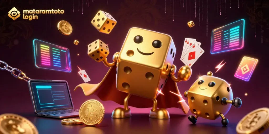 Experience the dynamic world of mataramtoto login with a vibrant 3D casino-themed illustration showcasing golden dice and crypto elements.
