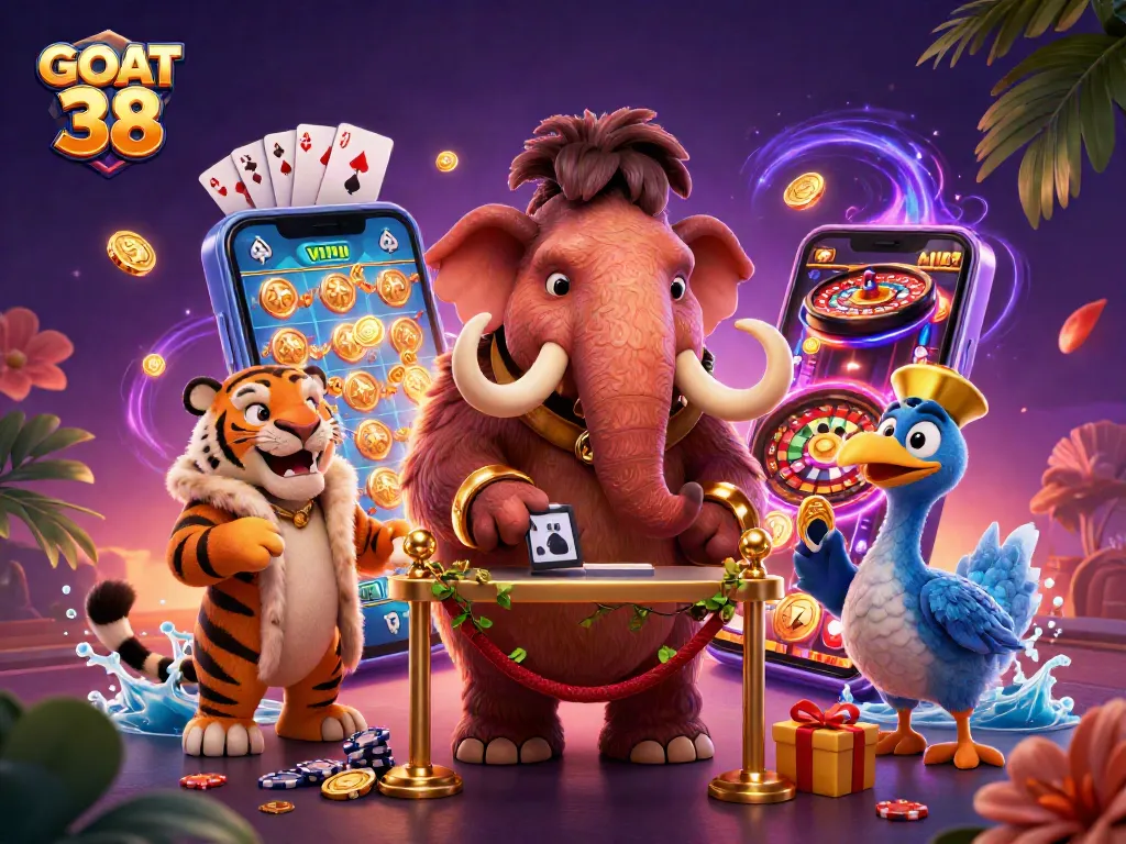 Engage with GOAT 38's vibrant casino scene featuring a woolly mammoth bouncer and a saber-tooth VIP.