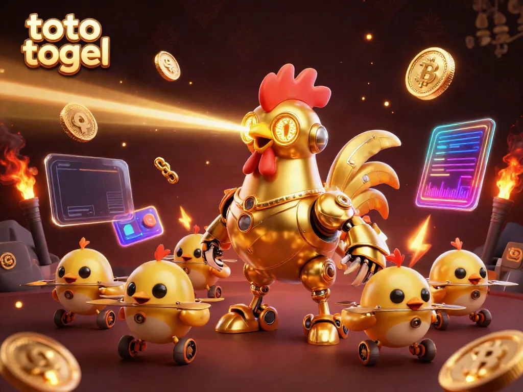 Engage with toto togel using futuristic elements, showcasing a golden rooster robot amidst cryptocurrency visuals.