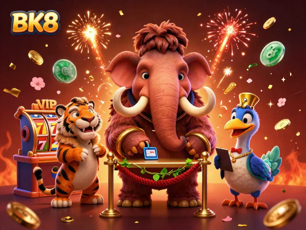 Join the vibrant atmosphere at BK8 Casino with a woolly mammoth bouncer, saber-tooth tiger VIP, and dodo doorman amidst winning slot reels and golden confetti.