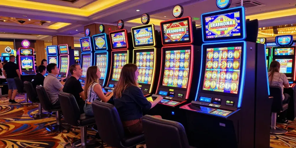 Area bermain slot dengan pemain menikmati mesin slot yang cerah dan berwarna-warni, suasana kasino yang meriah.