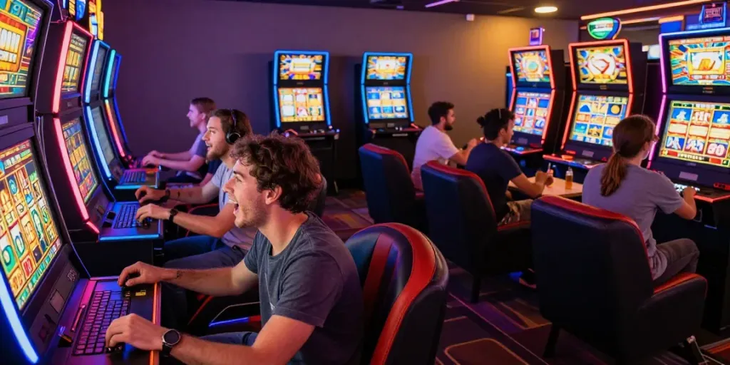 Players enjoying judi slot games in a vibrant, modern gaming lounge.