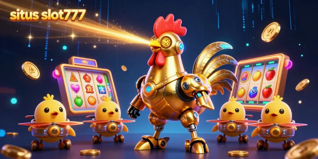 Engage with the vibrant scene of situs slot777 featuring a golden rooster robot and playful drones in a casino atmosphere.
