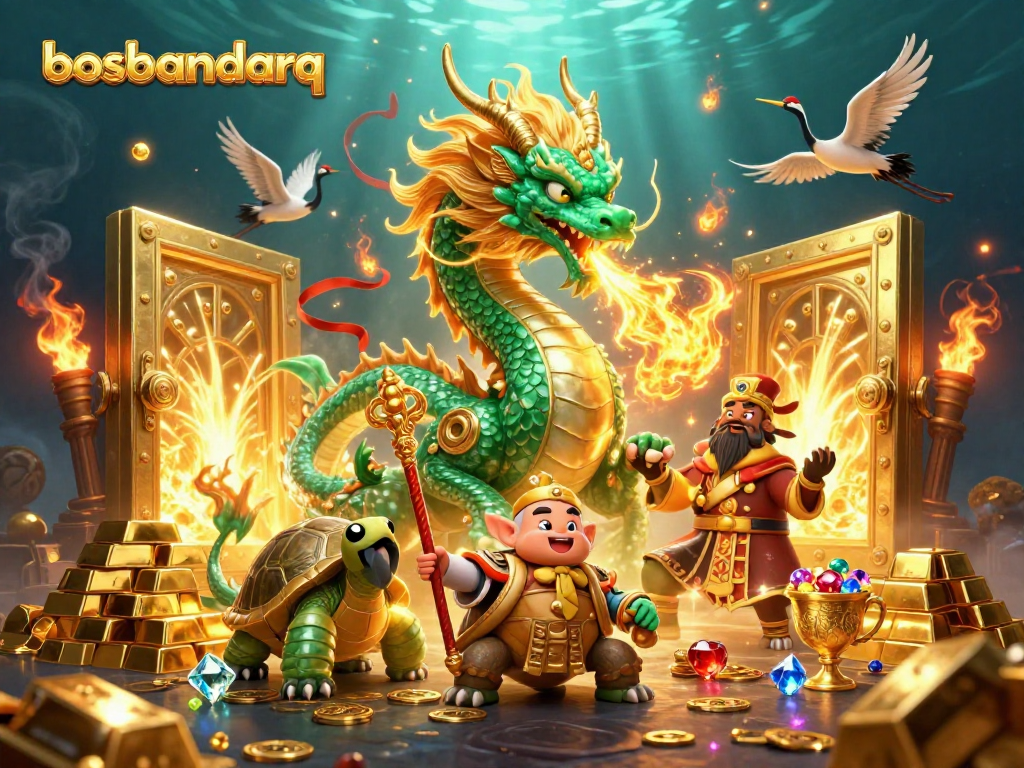 Experience winning at bosbandarq with a spectacular illustration featuring a dragon and treasures.