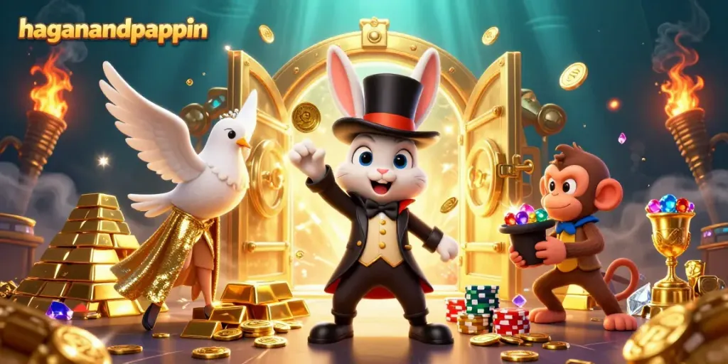 Engage with haganandpappin's magical casino scene featuring a rabbit, dove, and monkey amidst treasure.