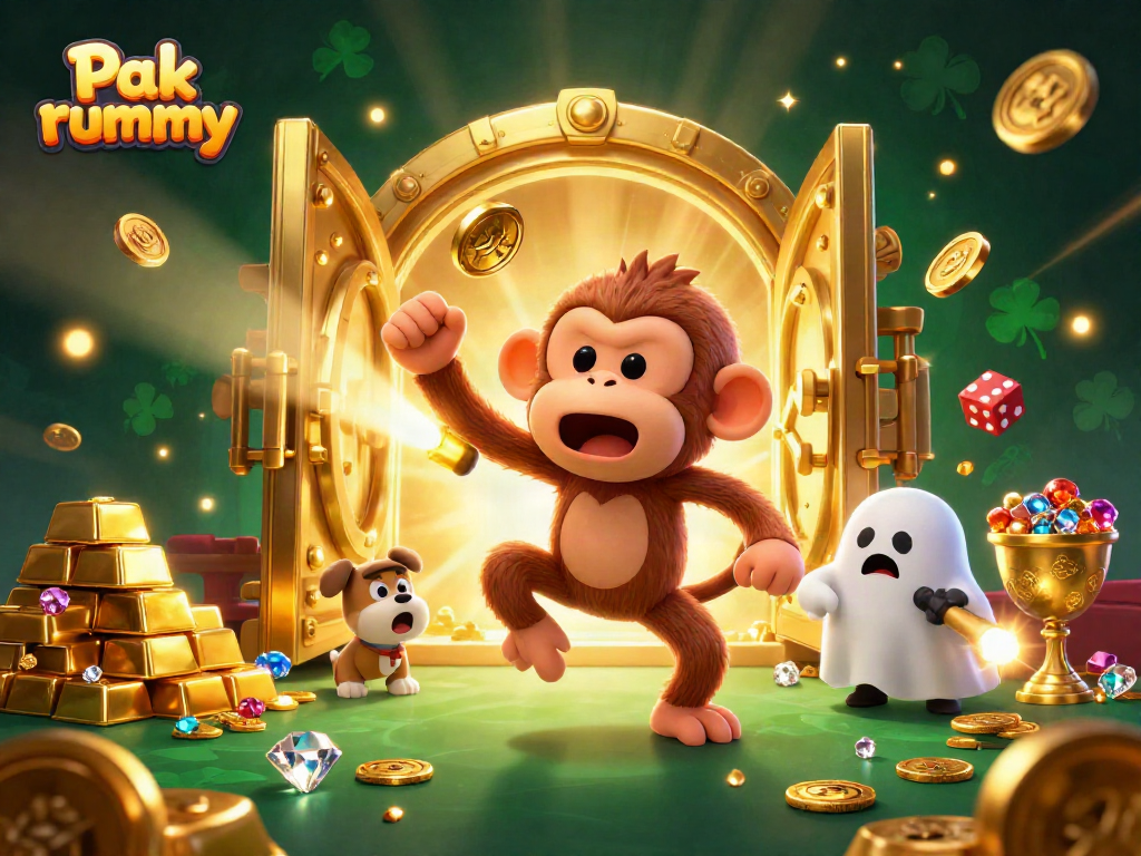 Engage in the thrilling Pak rummy experience with a ghost-hunting puppy and a poltergeist monkey in a lively casino scene.