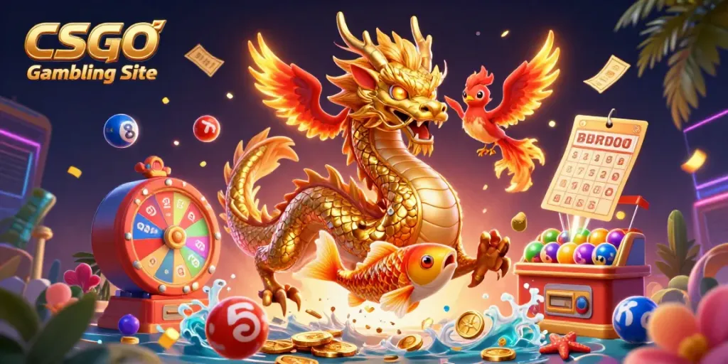 Engaging depiction of a CSGO Gambling Site featuring a golden dragon, phoenix, and koi fish amidst dynamic game elements.