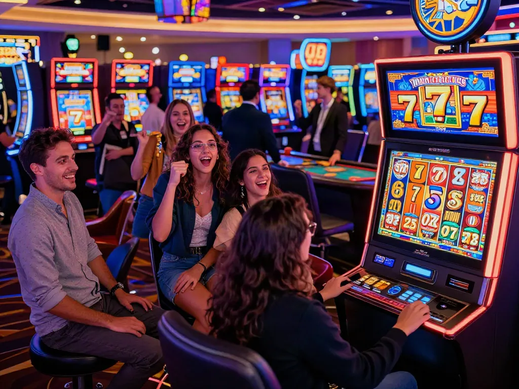 Lucky777 gaming scene with players celebrating a jackpot win in a vibrant casino.