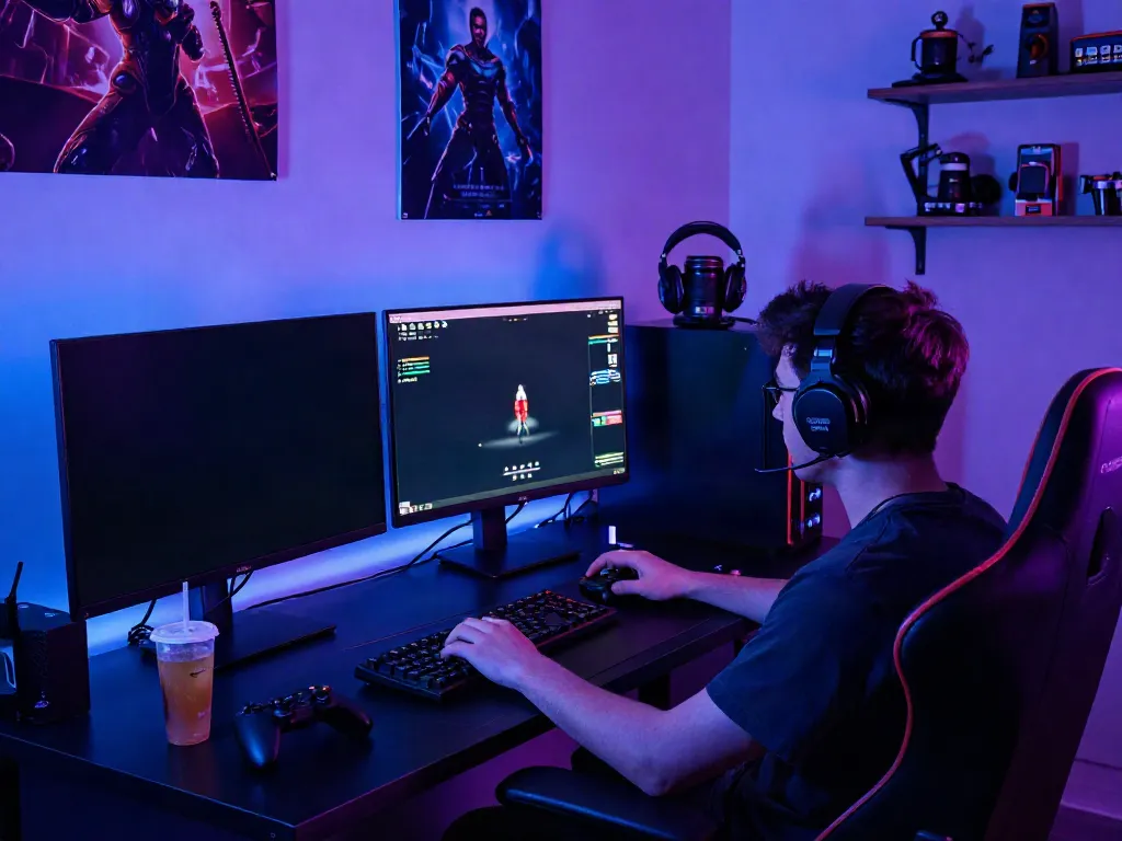 Akunjp online gaming setup showcasing vibrant screens and gaming accessories in a dynamic environment.