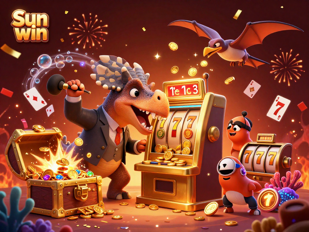 Experience excitement at Sun win as a pachycephalosaurus wins coins from a golden slot machine.