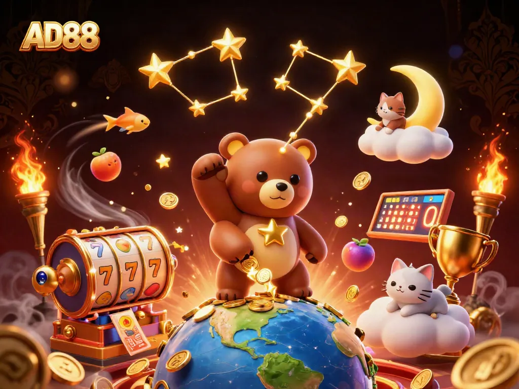 Experience winning moments with AD88 in a vibrant casino-themed 3D illustration.