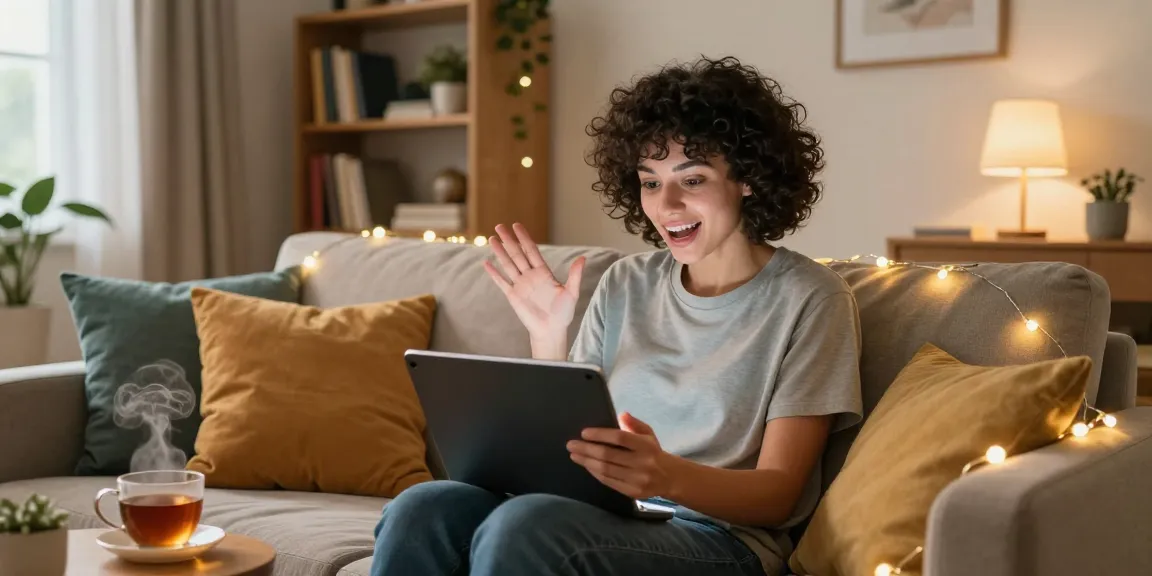 Enjoy a playful chat with an NSFW AI girlfriend in a cozy living room setting.