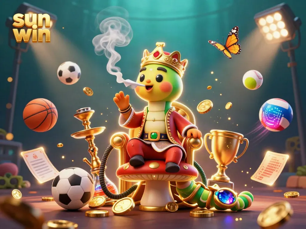 Experience the thrill of sun win in a vibrant casino scene with characters and sports elements dynamically interacting.