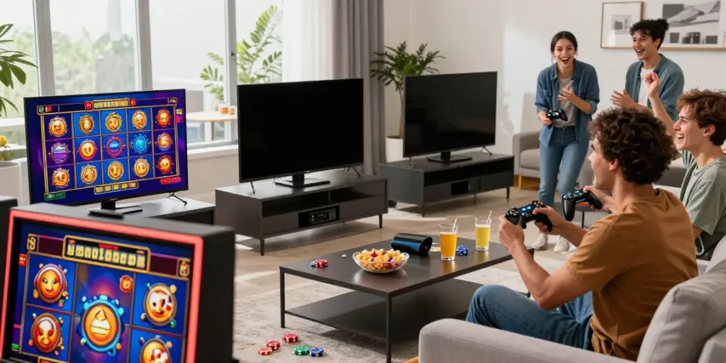 Friends enjoying an exciting slot game experience on a big screen.