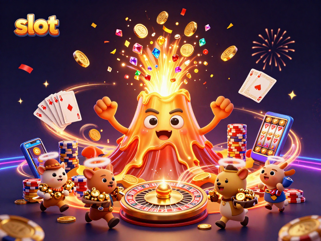 Experience thrilling slot adventures with a dynamic illustration of a golden volcano erupting coins and gems in a casino.