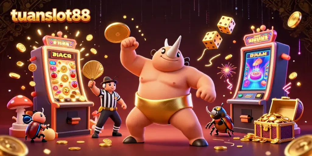 Tuanslot88 menunjukkan juara sumo badak kartun dengan koin emas yang terbang dalam suasana kasino yang meriah.