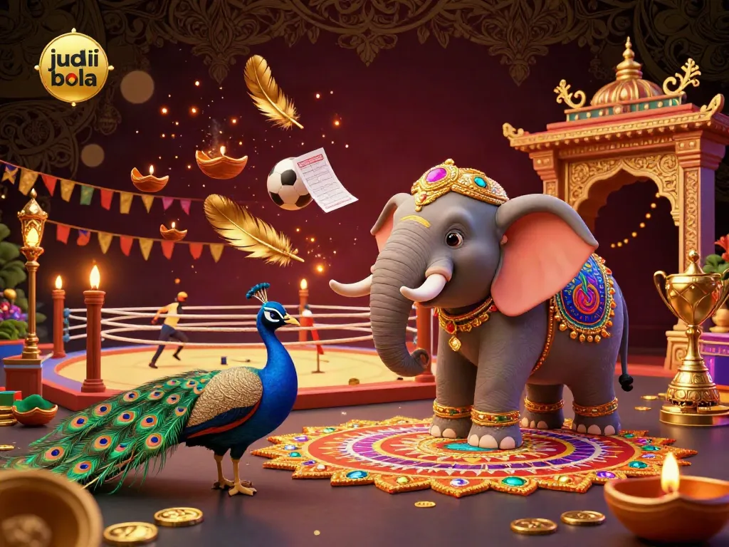 Engage in judi bola with a captivating scene featuring a colorful elephant and peacock surrounded by sports betting elements.