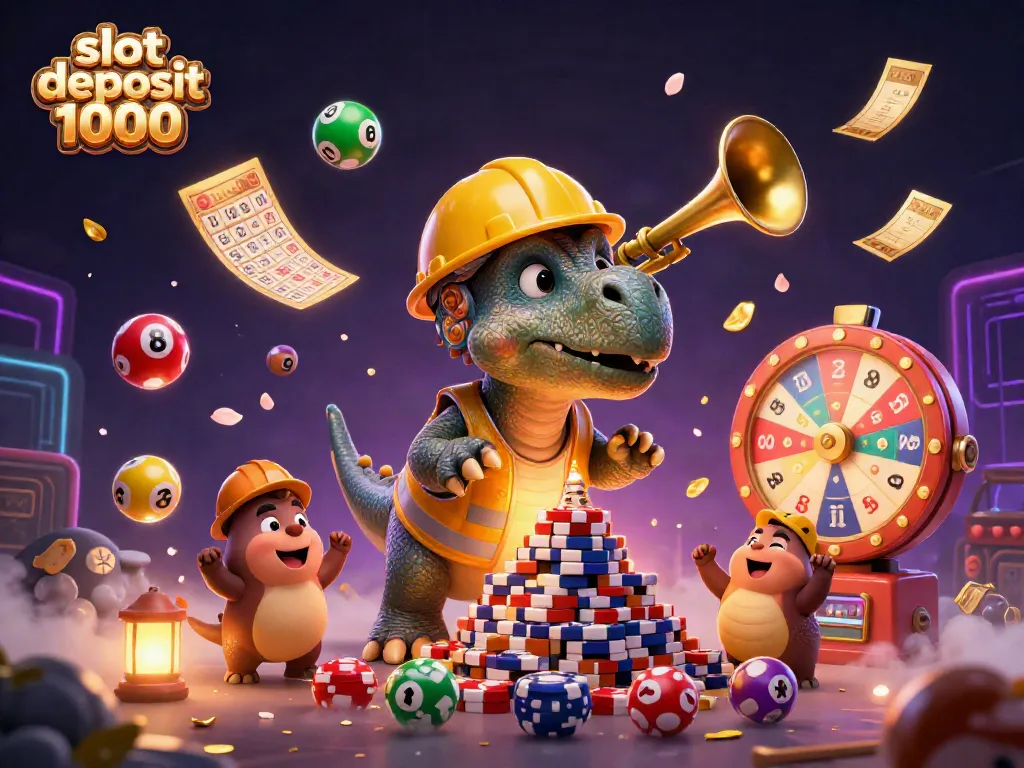 Engage with thrilling action at slot deposit 1000 with vibrant dinosaurs and festive casino elements.