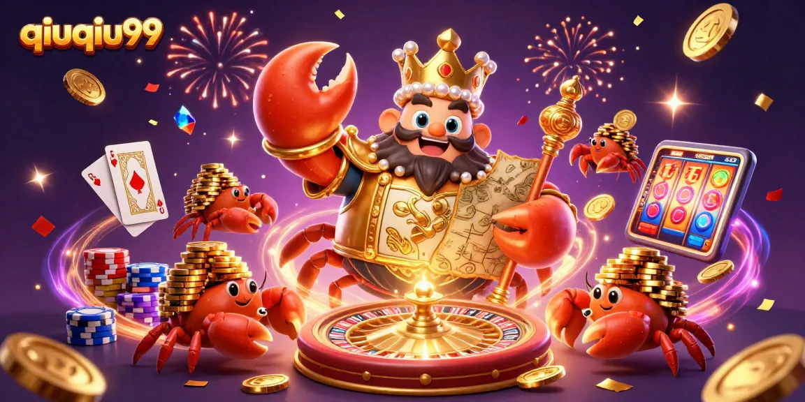 Join the fun at qiuqiu99 with a golden crab emperor and vibrant casino elements!