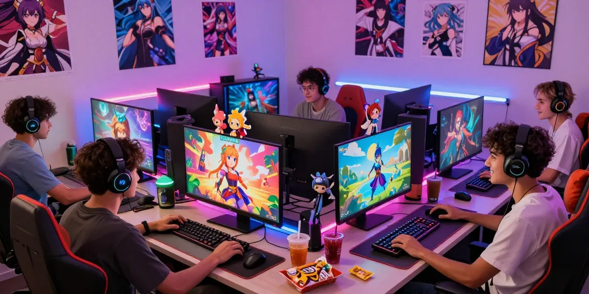 Friends playing a variety of hentai games in a colorful gaming setup.