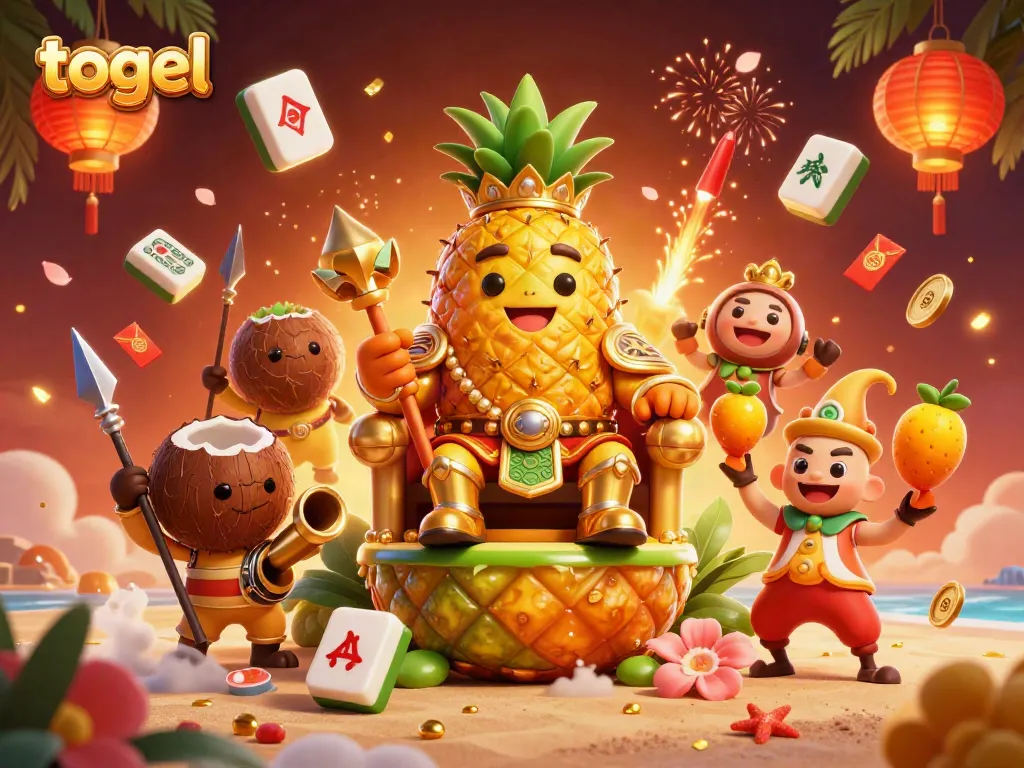 Engage in the thrilling world of togel with a vibrant golden pineapple king and dynamic carnival scene.
